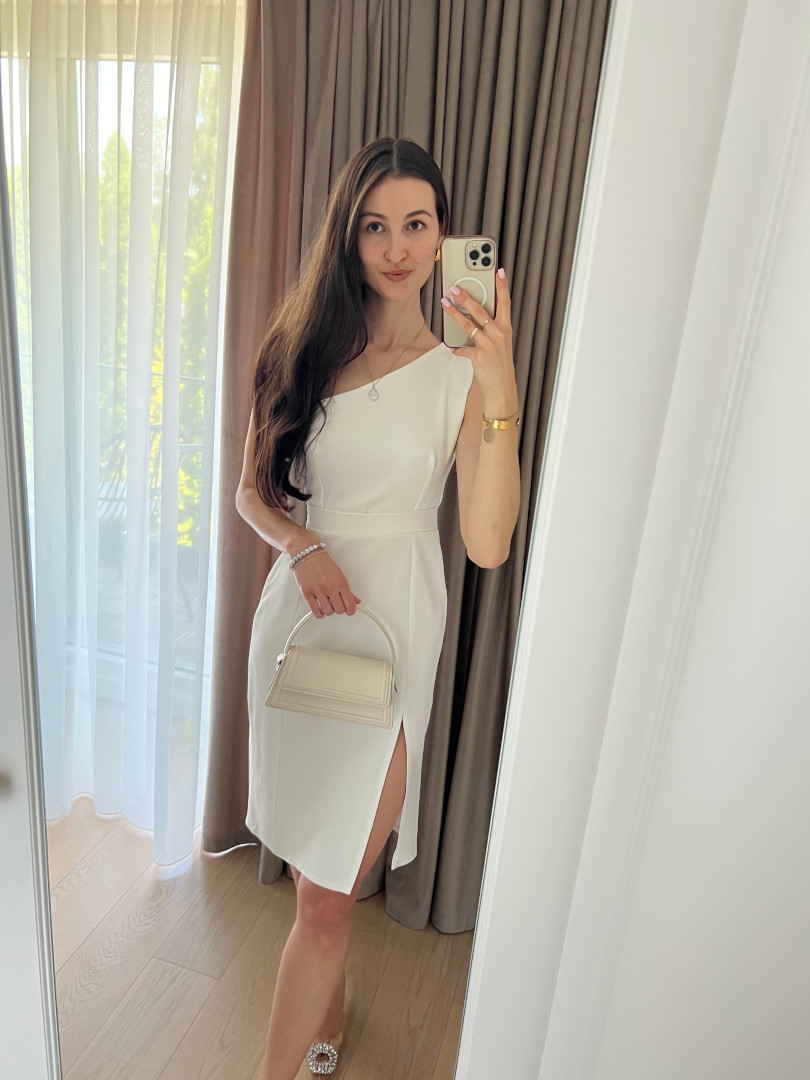 Varenna - feminine ecru midi length one shoulder dress with delicate leg slit - Kulunove image 1