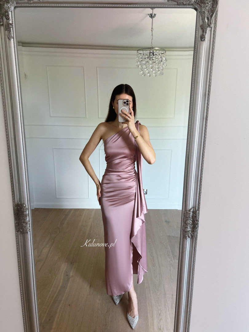 Chicago - A187 pink satin one-shoulder dress with frill trim - Kulunove image 1