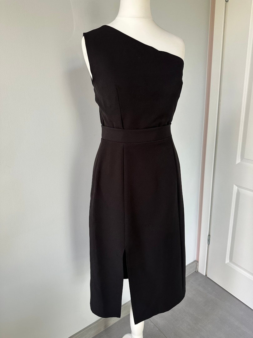 Varenna - black asymmetrical midi dress with leg slit - Kulunove image 3