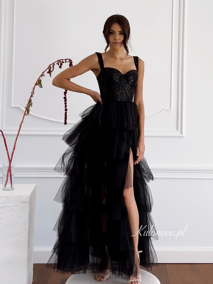 Octavia- A279 black long princess dress with ruffles and sequin bodice - Kulunove image 1