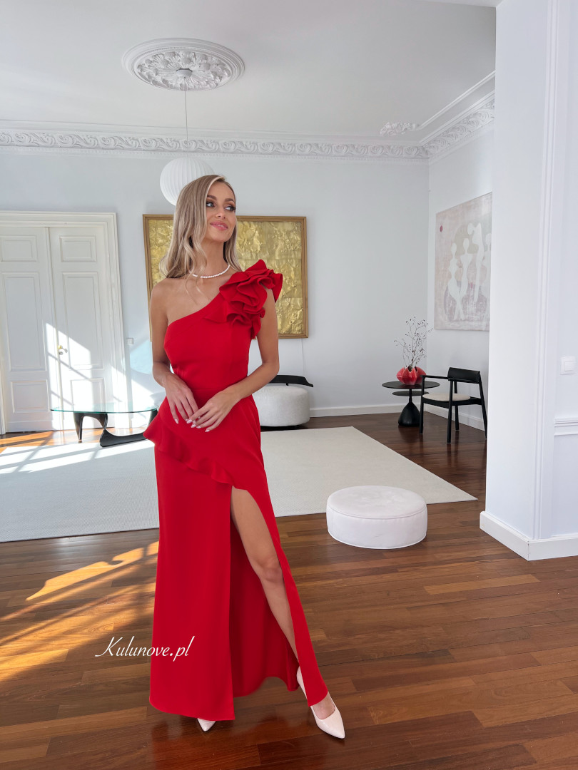 Ophelia- A281 red simple one shoulder dress with decorative ruffles and leg openings - Kulunove image 1