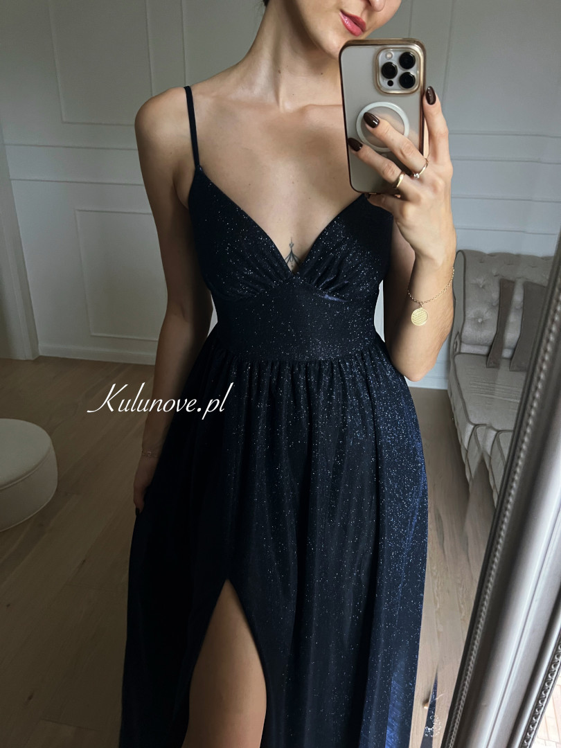 Lessa A348 - long navy blue brocade dress with thin straps - Kulunove image 1