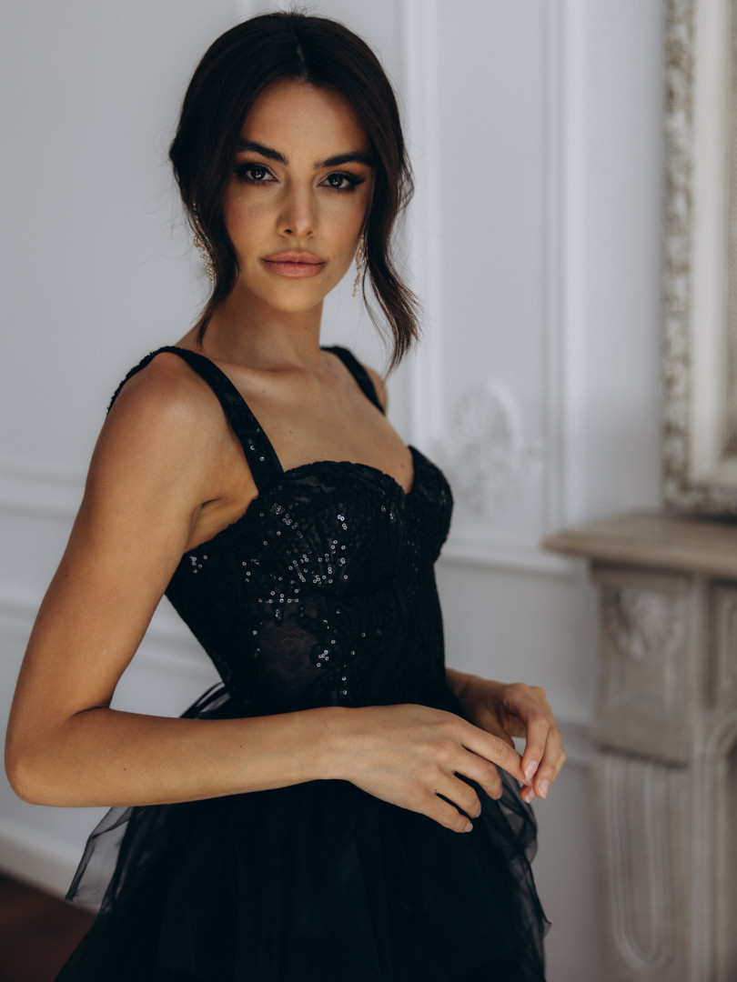 Octavia A353 - black long princess dress with ruffles and sequin bodice - Kulunove image 1