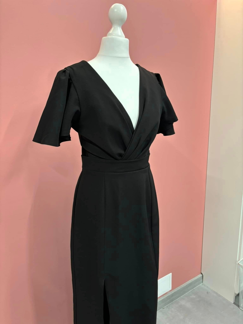 Jennifer maxi- black simple dress with overlap neckline and butterfly sleeves - Kulunove image 3