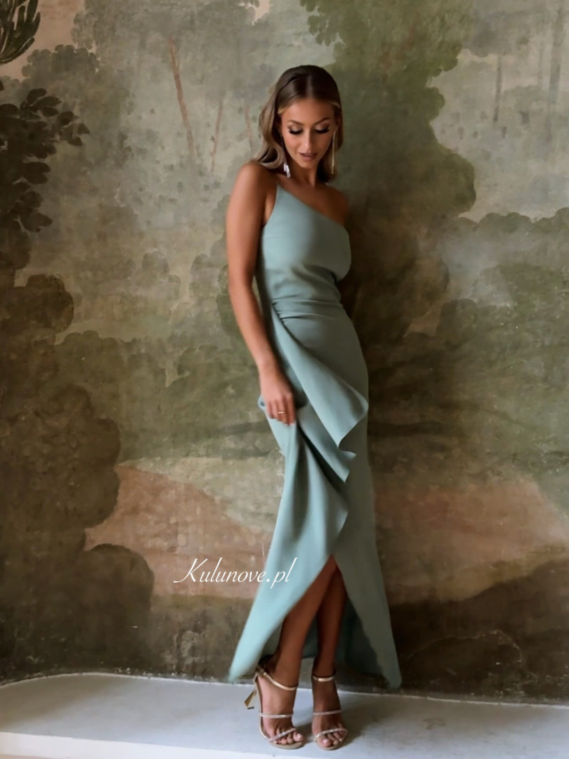 Miami A358 - sage colored dress with decorative ruffle and leg slit - Kulunove image 1