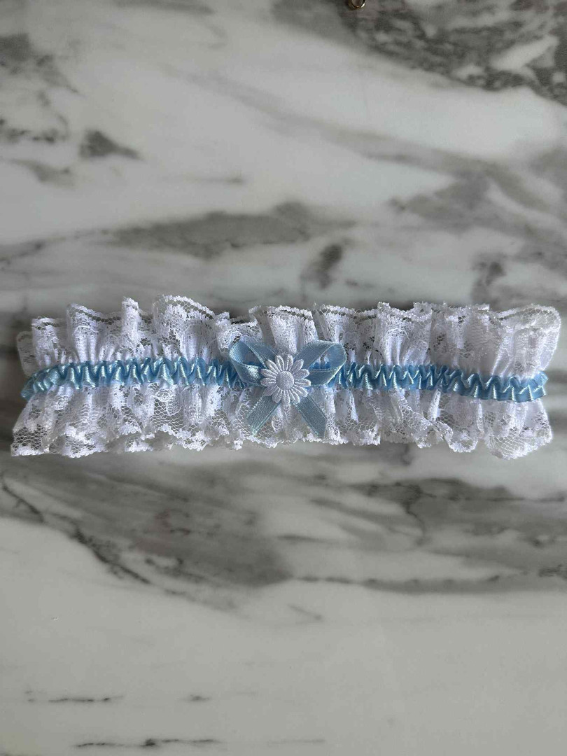 White wedding garter with blue bow and elastic band and white flower A355 - Kulunove image 1