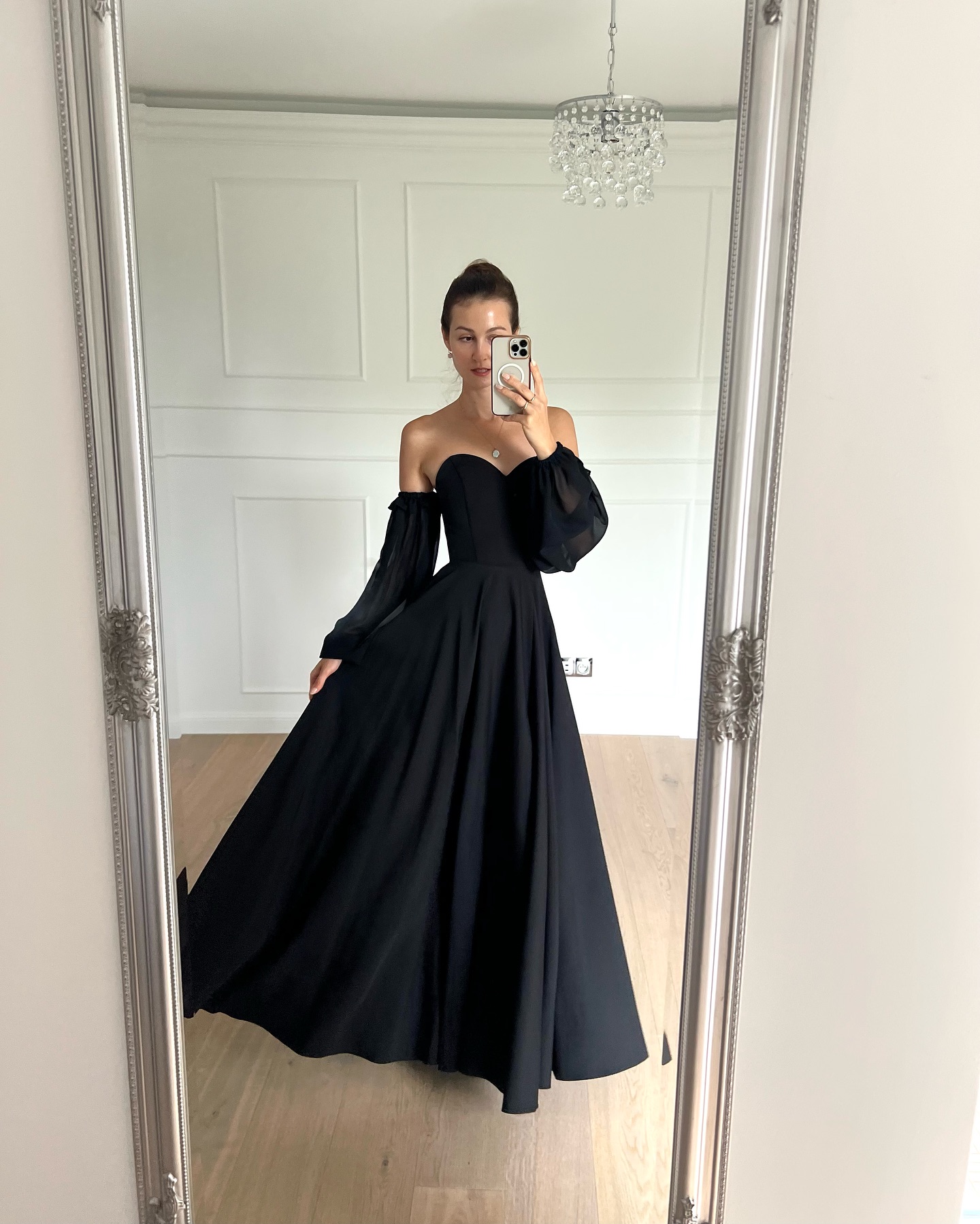 Florence - black flared corset maxi dress with buff chiffon sleeves - Kulunove image 2