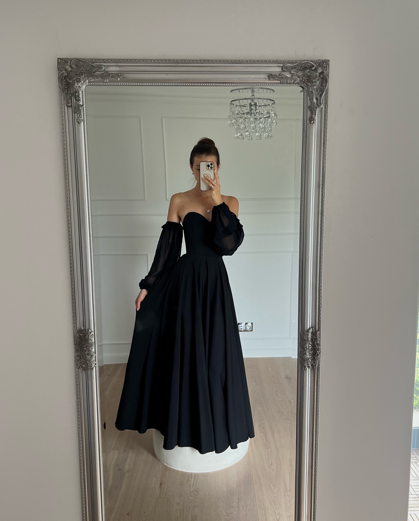 Florence - black flared corset maxi dress with buff chiffon sleeves - Kulunove image 4