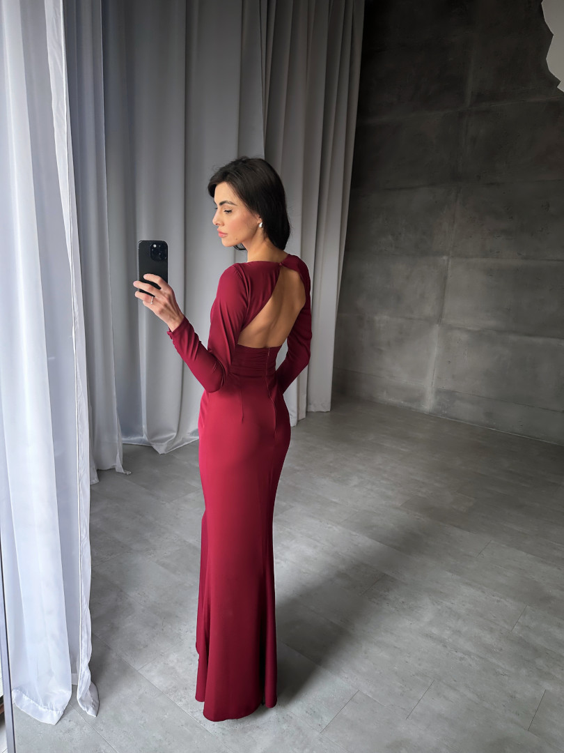 Zenaida-elegant maroon long sleeve dress with striking back neckline - Kulunove image 2