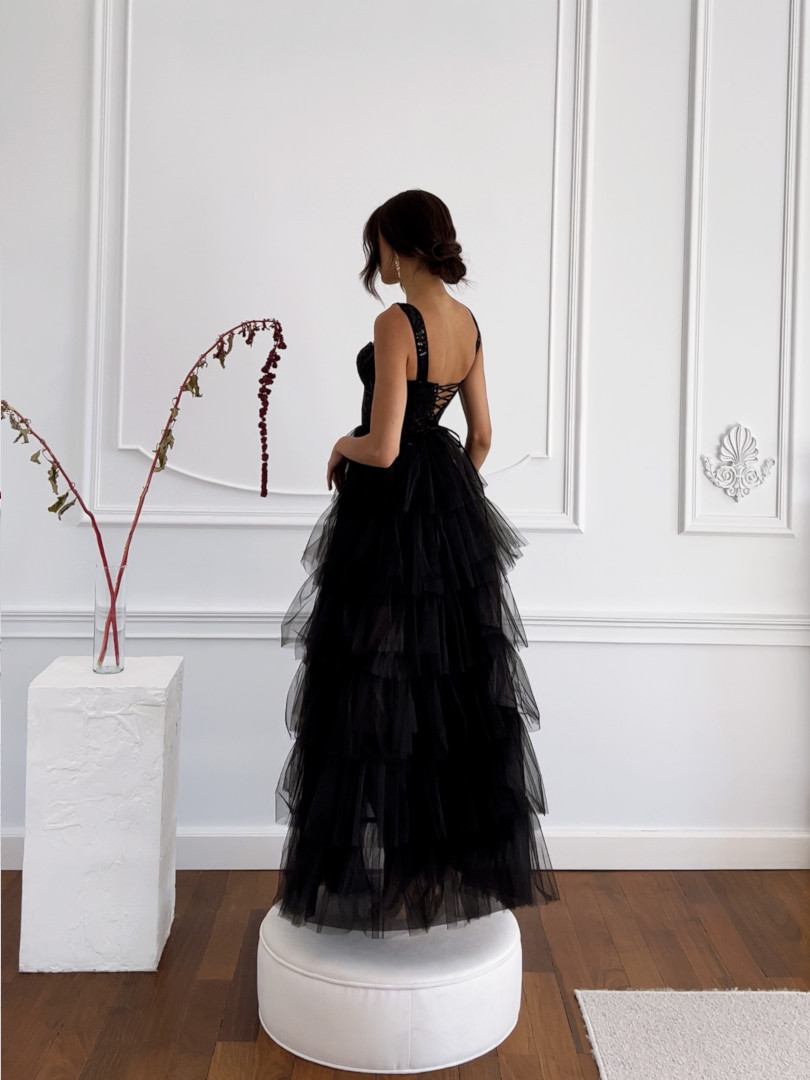 Octavia- A279 black long princess dress with ruffles and sequin bodice - Kulunove image 2