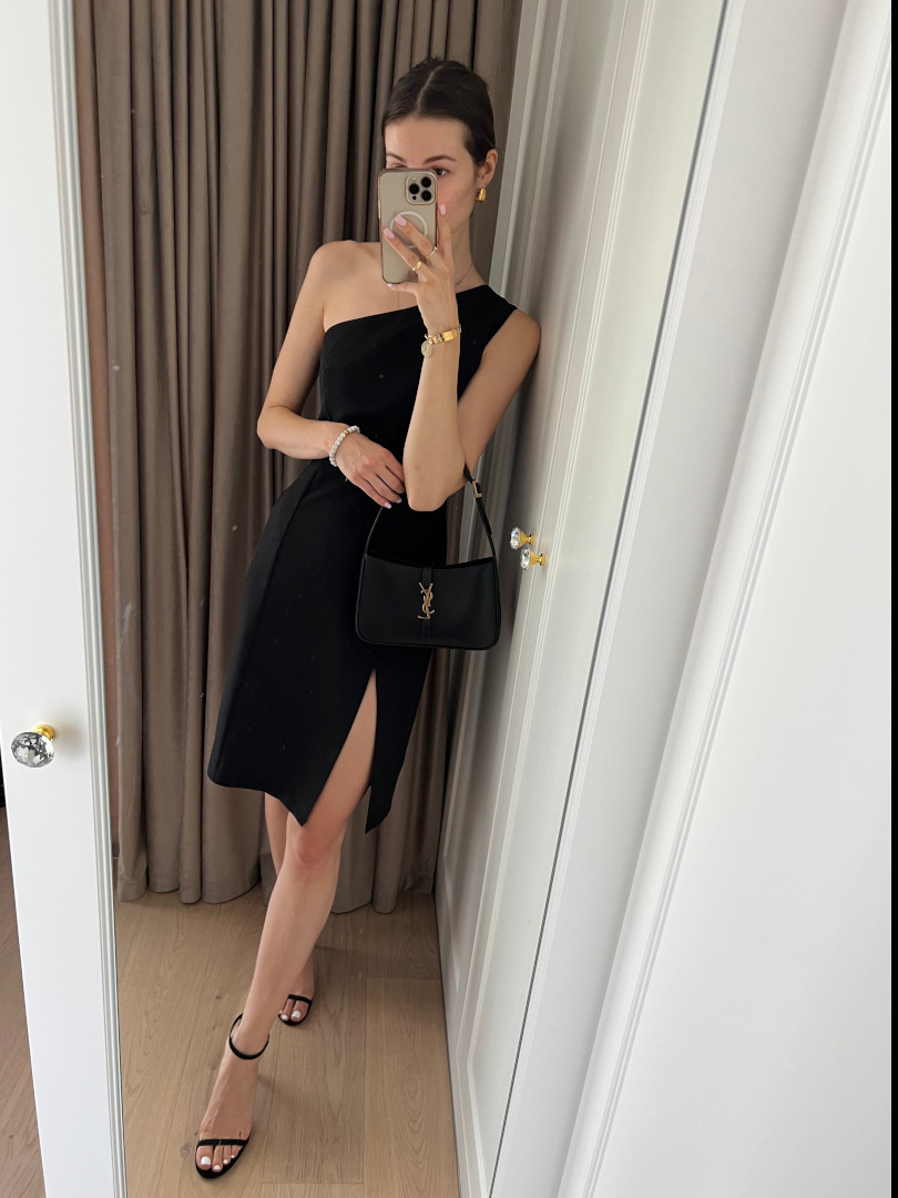 Varenna - black asymmetrical midi dress with leg slit - Kulunove image 1