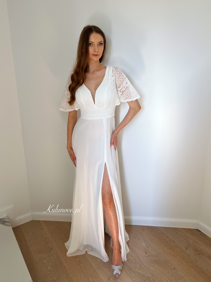 Pola -A 140 simple muslin wedding dress with short sleeve lace top - Kulunove image 1