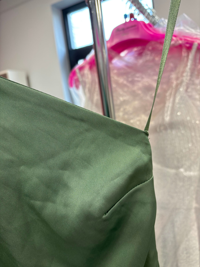 Chicago sage - A333 satin one-shoulder dress with ruffle trim and shoulder ties - Kulunove image 2