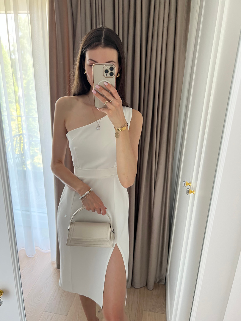 Varenna - feminine ecru midi length one shoulder dress with delicate leg slit - Kulunove image 3