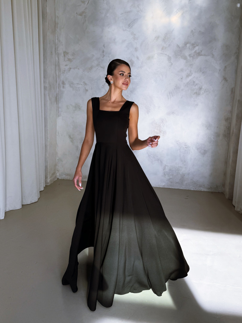 Karlie - black flared dress with karo neckline on thicker straps - Kulunove image 1