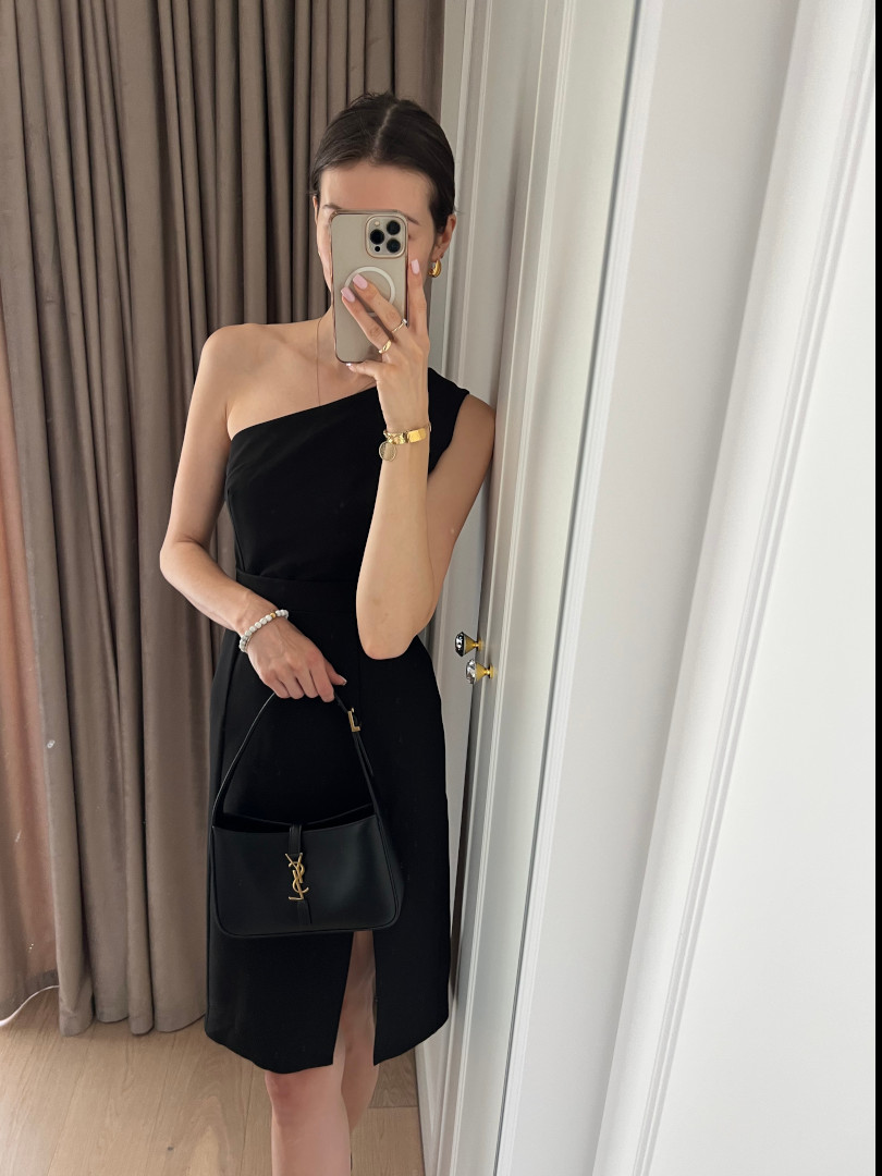 Varenna - black asymmetrical midi dress with leg slit - Kulunove image 2