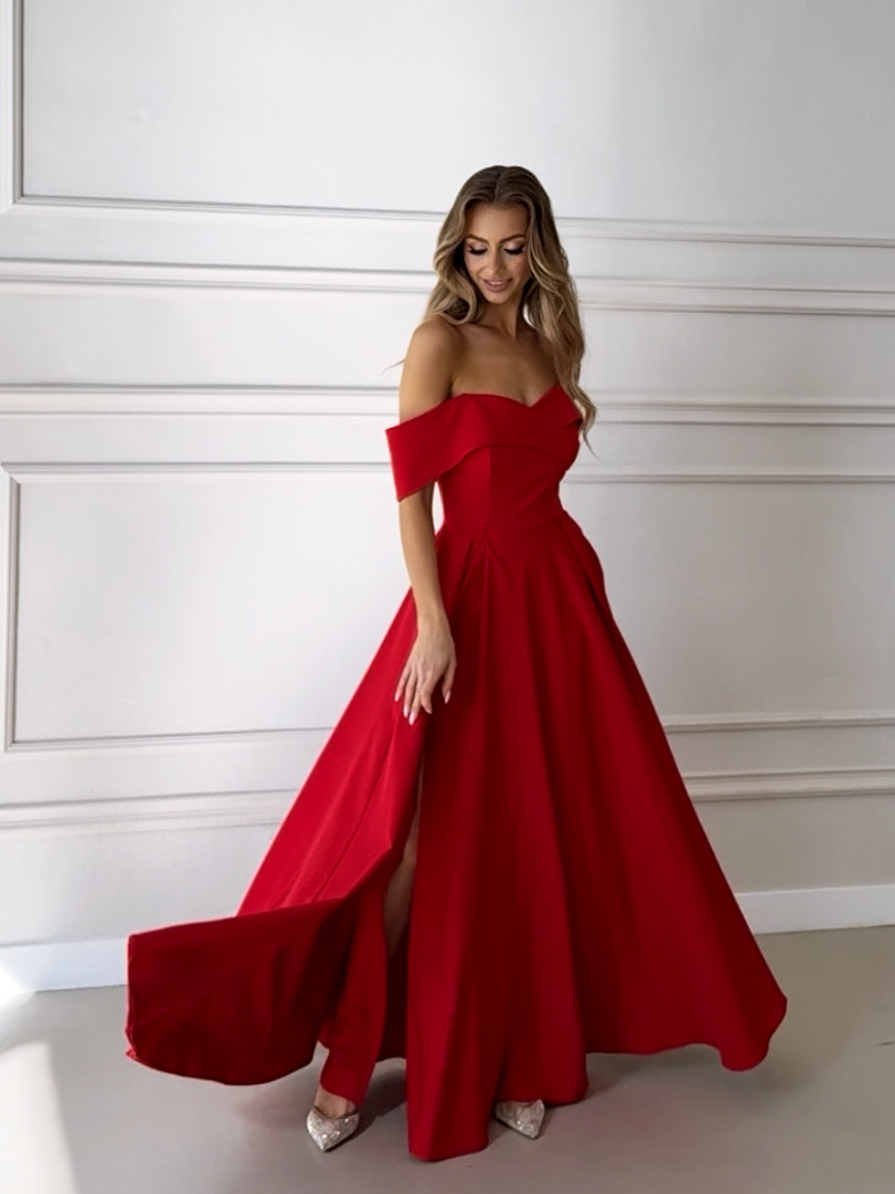 Angelina maxi - red flared envelope maxi dress with open shoulders - Kulunove image 1