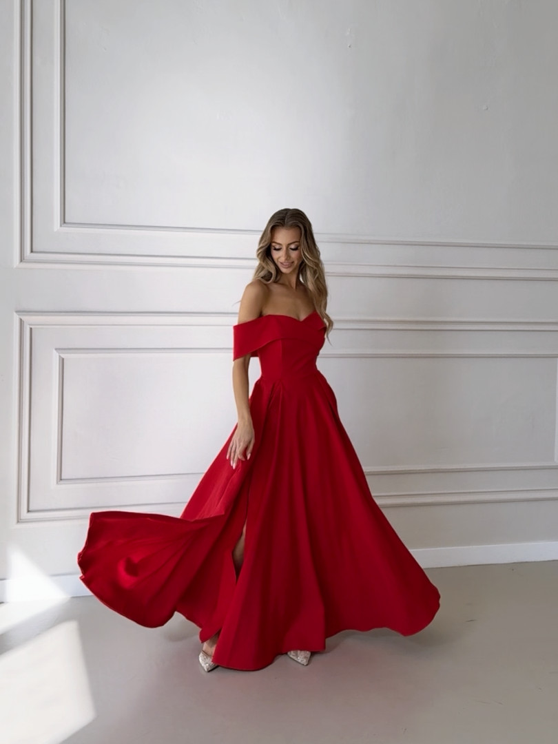 Angelina maxi - red flared envelope maxi dress with open shoulders - Kulunove image 2