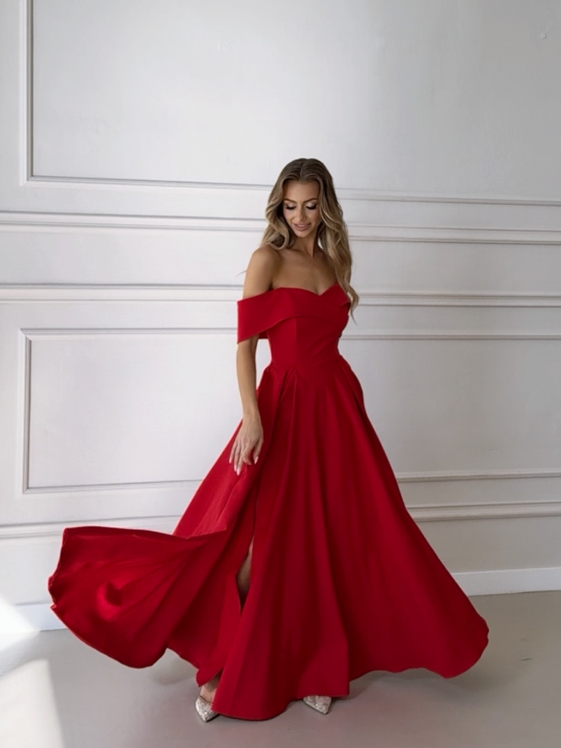 Angelina maxi - red flared envelope maxi dress with open shoulders - Kulunove image 3