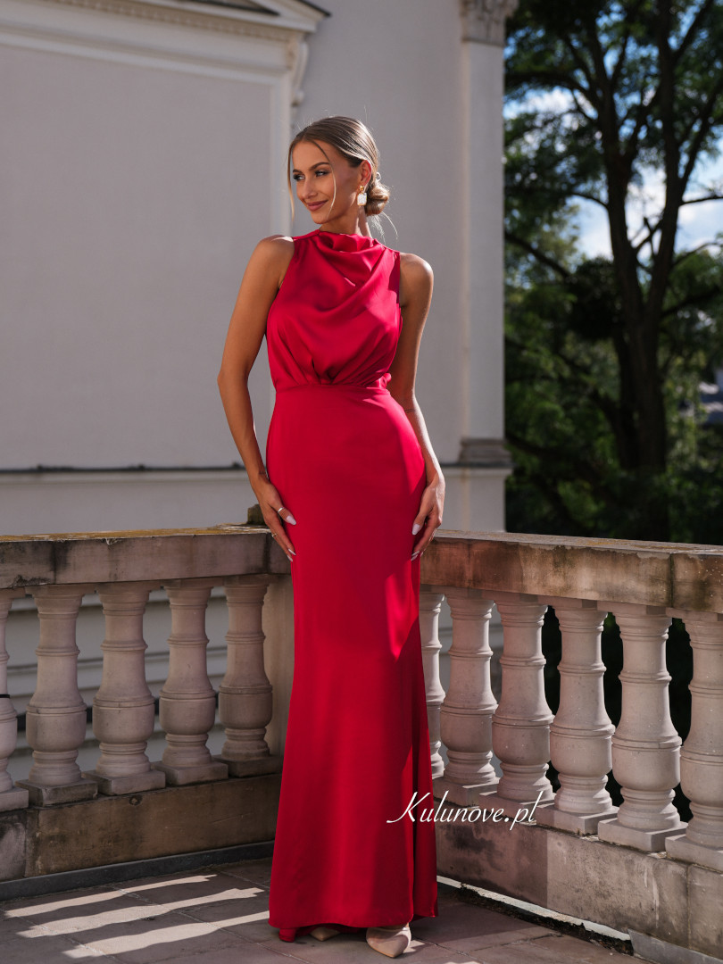 Aria - red satin maxi dress with flowing neckline and back slit - Kulunove image 1