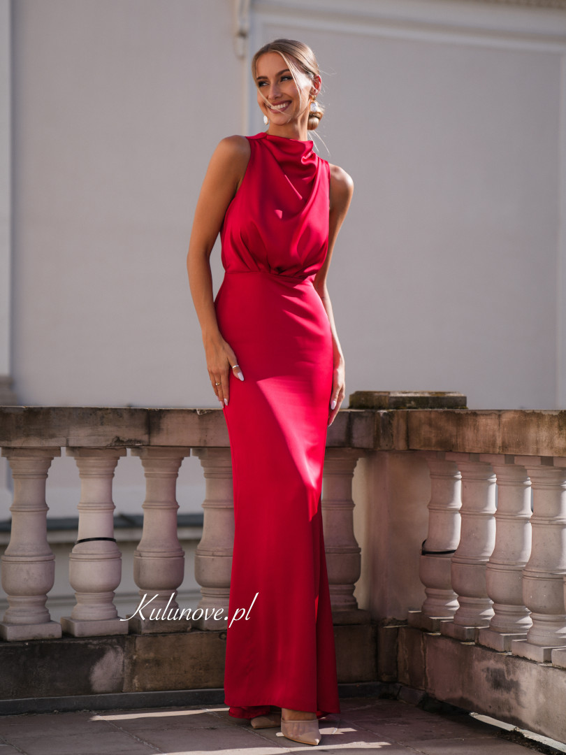 Aria - red satin maxi dress with flowing neckline and back slit - Kulunove image 3