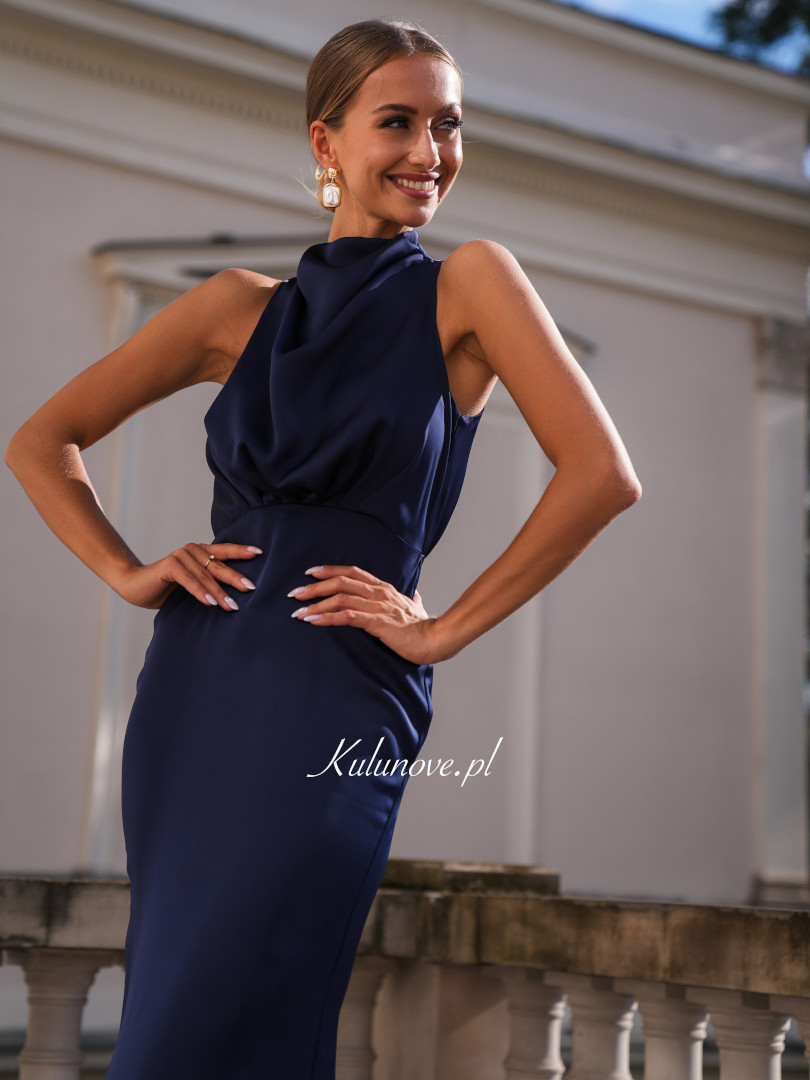 Aria - elegant maxi dress of flowing satin in navy blue color - Kulunove image 4