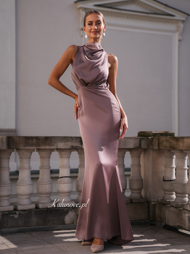 Aria- long satin evening dress in mocha mousse color - Kulunove image 3