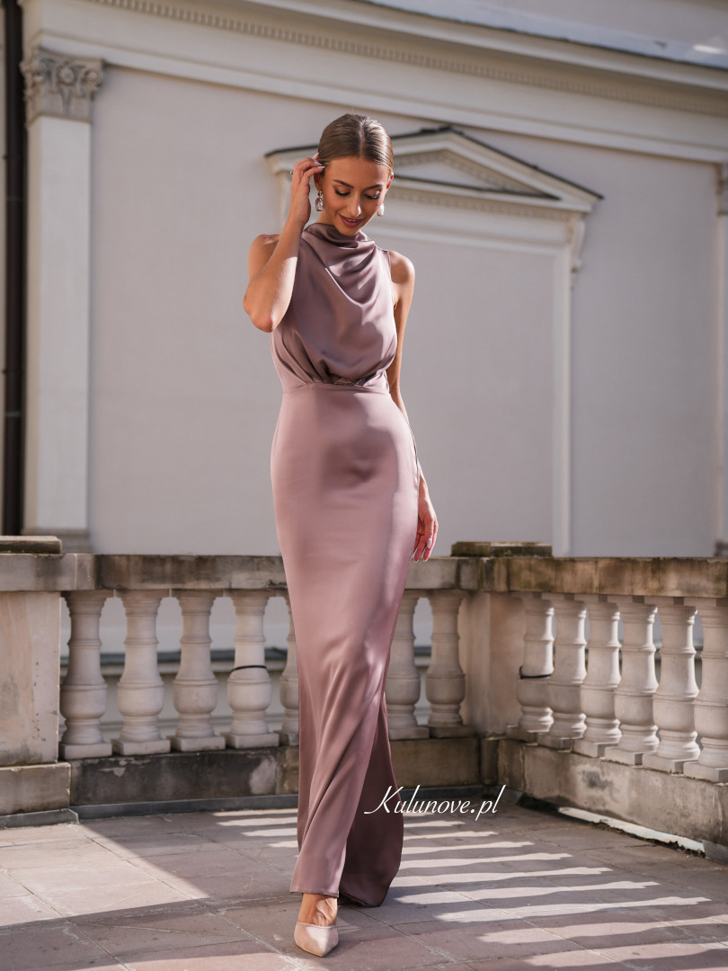 Aria- long satin evening dress in mocha mousse color - Kulunove image 1