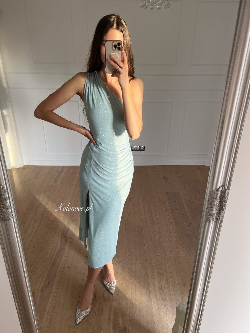 Ariela - mint knitted brocade one shoulder knee-length dress image 1