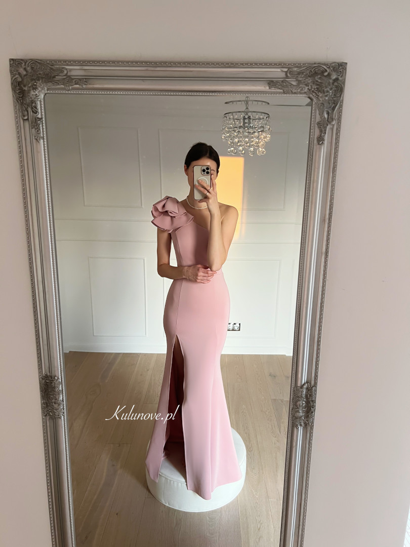 Audrey - pink one-shoulder maxi dress with decorative flower on shoulder - Kulunove image 3