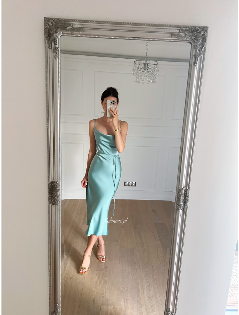 Barcelona - sage satin knee-length dress with thin straps tied at the back - Kulunove image 1