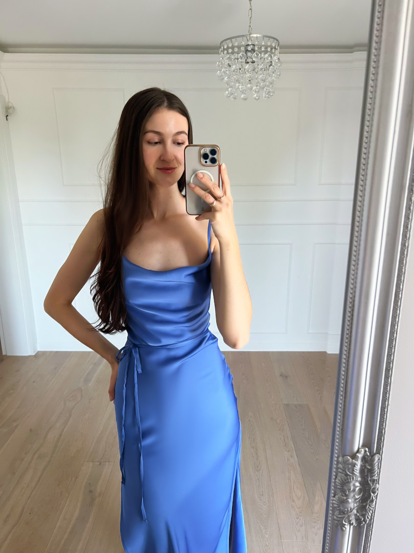 Barcelona sapphire satin strapless midi dress with back tie - Kulunove image 4