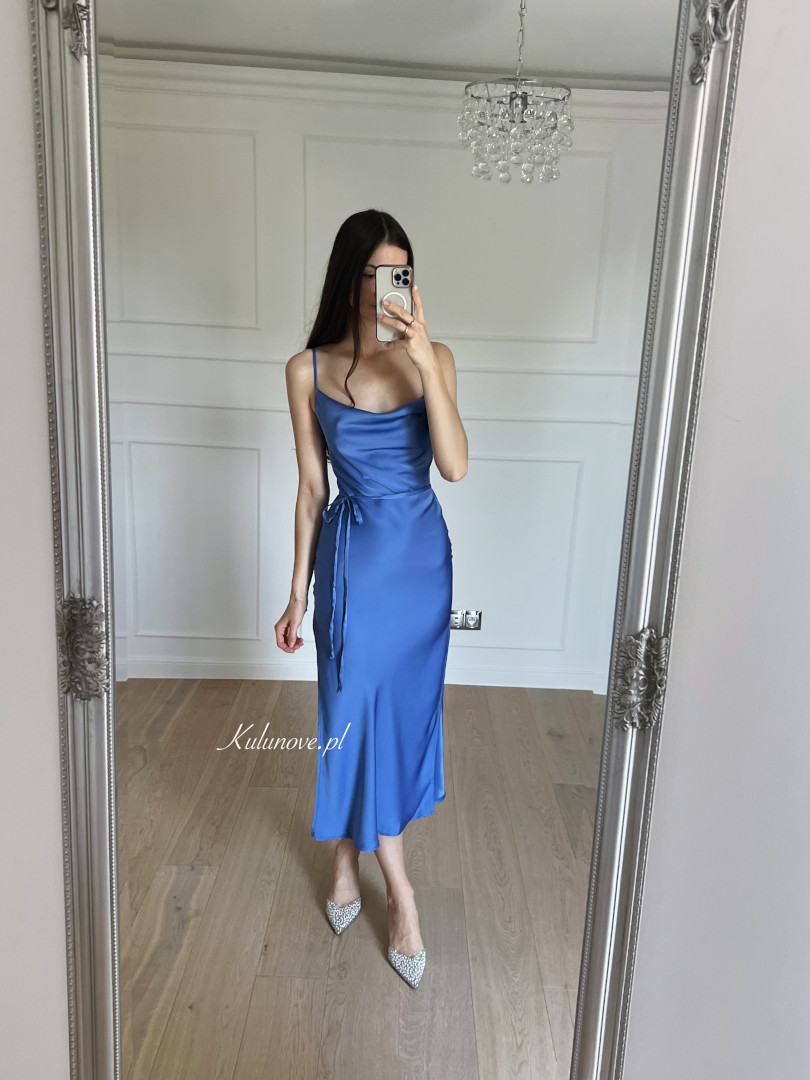 Barcelona sapphire satin strapless midi dress with back tie - Kulunove image 2