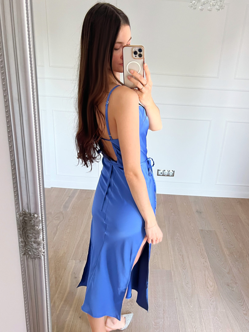 Barcelona sapphire satin strapless midi dress with back tie - Kulunove image 3