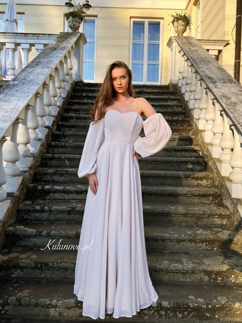 Beatrice - A304 corseted flared beige maxi dress with buff sleeves - Kulunove image 1