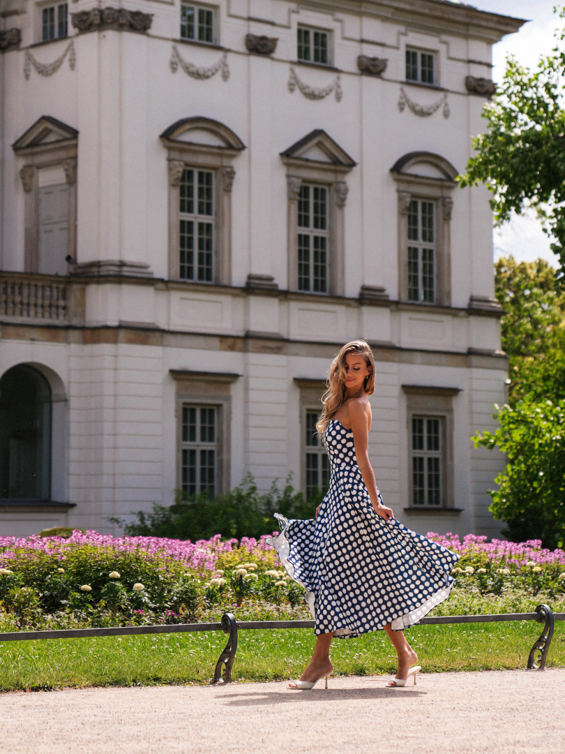 Bridget - corset midi dress navy blue polka dots with a flared bottom - Kulunove image 4