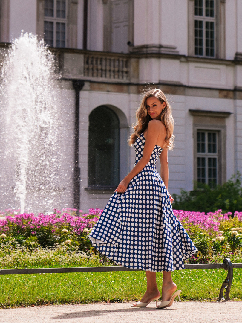 Bridget - corset midi dress navy blue polka dots with a flared bottom - Kulunove image 3