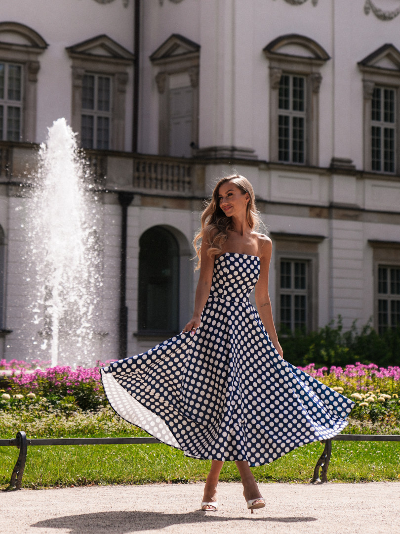 Bridget - corset midi dress navy blue polka dots with a flared bottom - Kulunove image 1