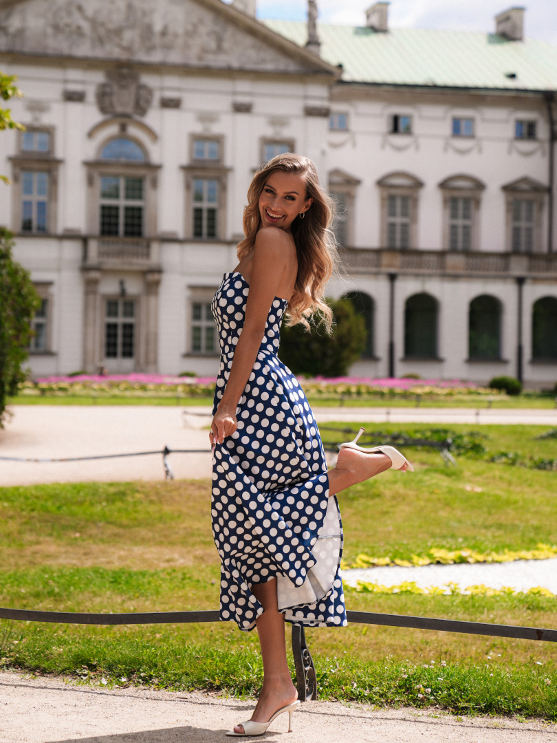 Bridget - corset midi dress navy blue polka dots with a flared bottom - Kulunove image 2