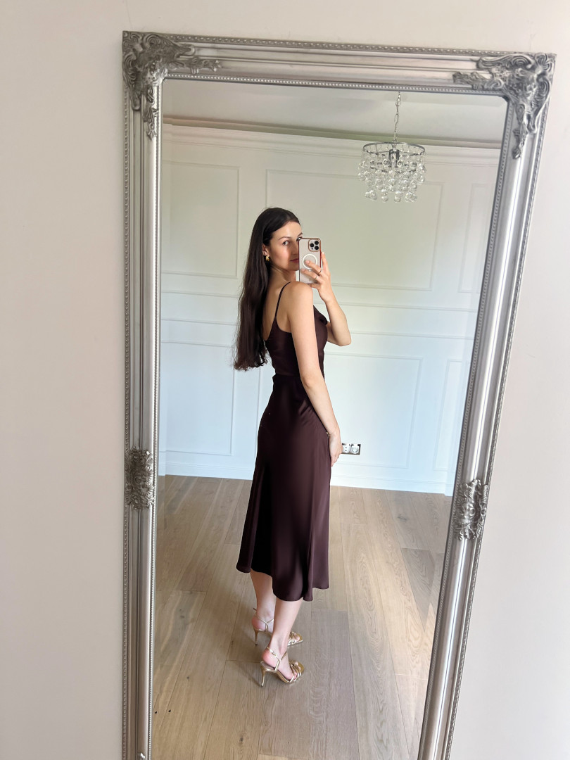 California - minimalist chocolate satin dress with thin straps - Kulunove image 3