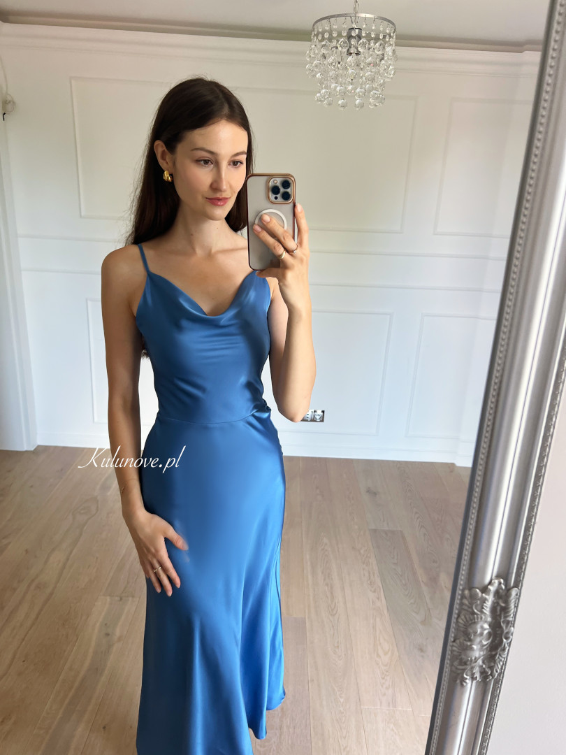 California - simple satin dress with thin straps in blue color - Kulunove image 3