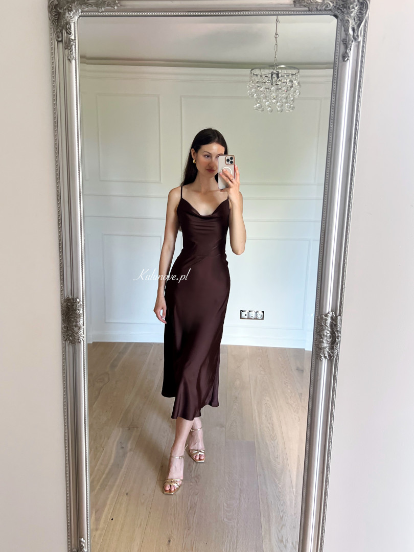 California - minimalist chocolate satin dress with thin straps - Kulunove image 1