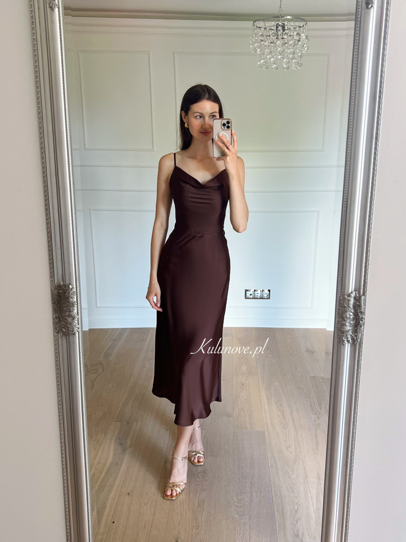 California - minimalist chocolate satin dress with thin straps - Kulunove image 2