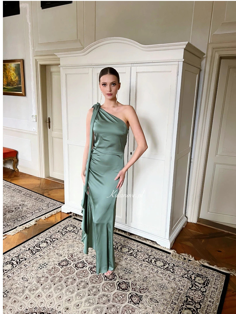 Chicago sage - A333 satin one-shoulder dress with ruffle trim and shoulder ties - Kulunove image 1