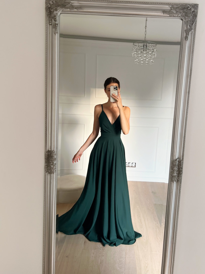 Elisabeth maxi - bottle green thin strapless gown with envelope top and leg opening - Kulunove image 4