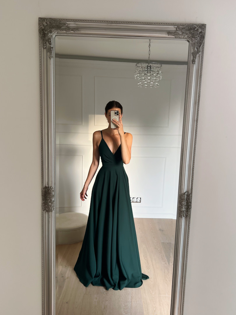 Elisabeth maxi - bottle green thin strapless gown with envelope top and leg opening - Kulunove image 3