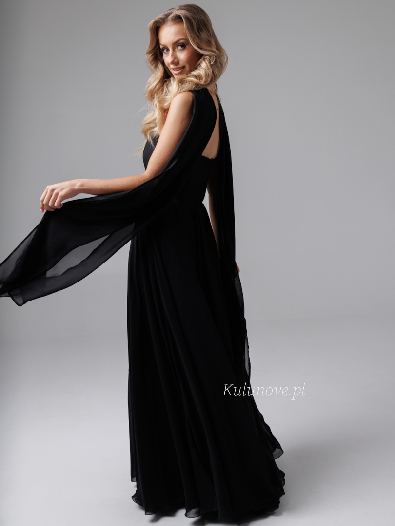 Ella - black chiffon dress with simple neckline and decorative scarf - Kulunove image 2