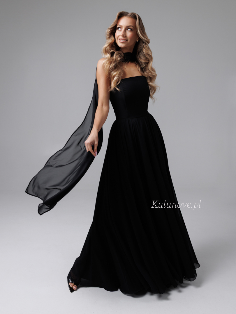 Ella - black chiffon dress with simple neckline and decorative scarf - Kulunove image 4