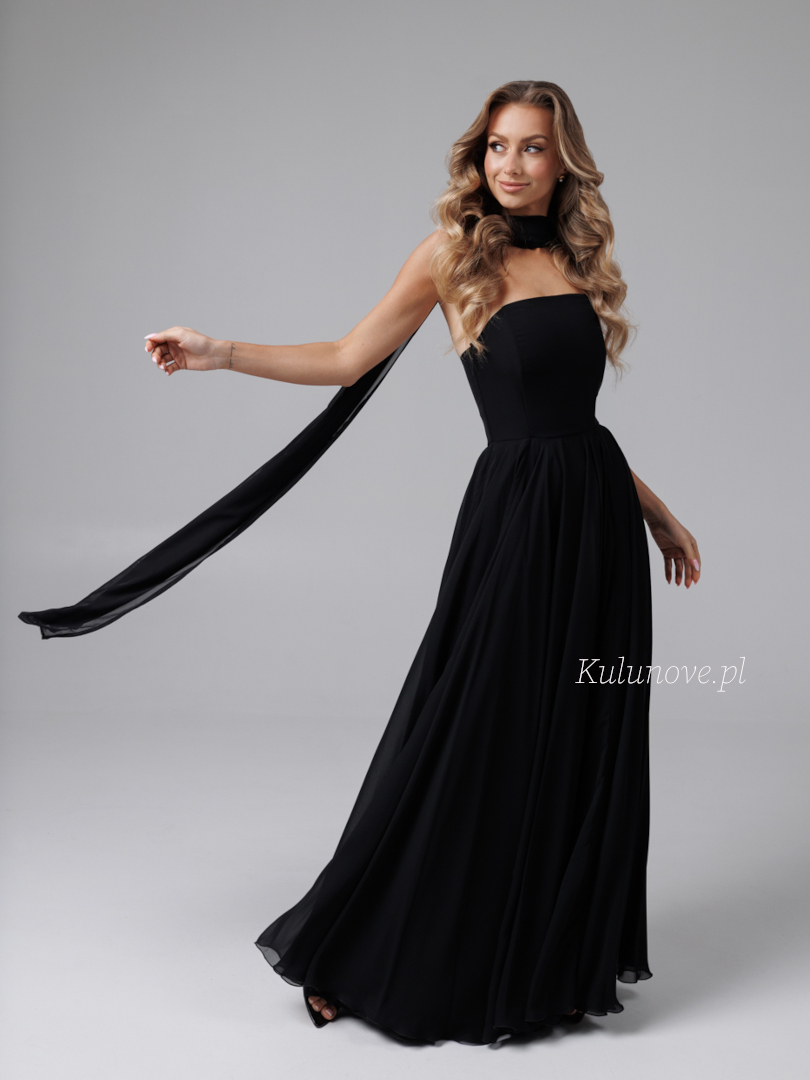 Ella - black chiffon dress with simple neckline and decorative scarf - Kulunove image 1