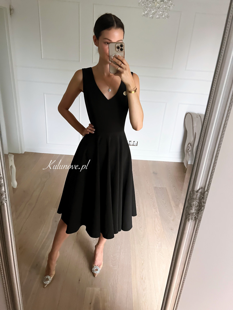 Cynthia midi - black simple classic knee-length dress with thicker straps perfect for the eighth grade prom - Kulunove image 2